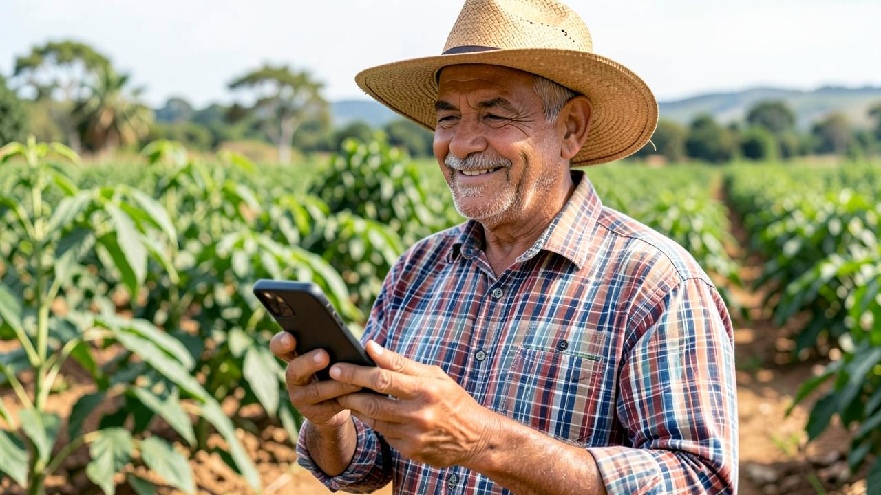 Produtor de chapéu sorrindo ao mandar áudio no celular no meio da lavoura