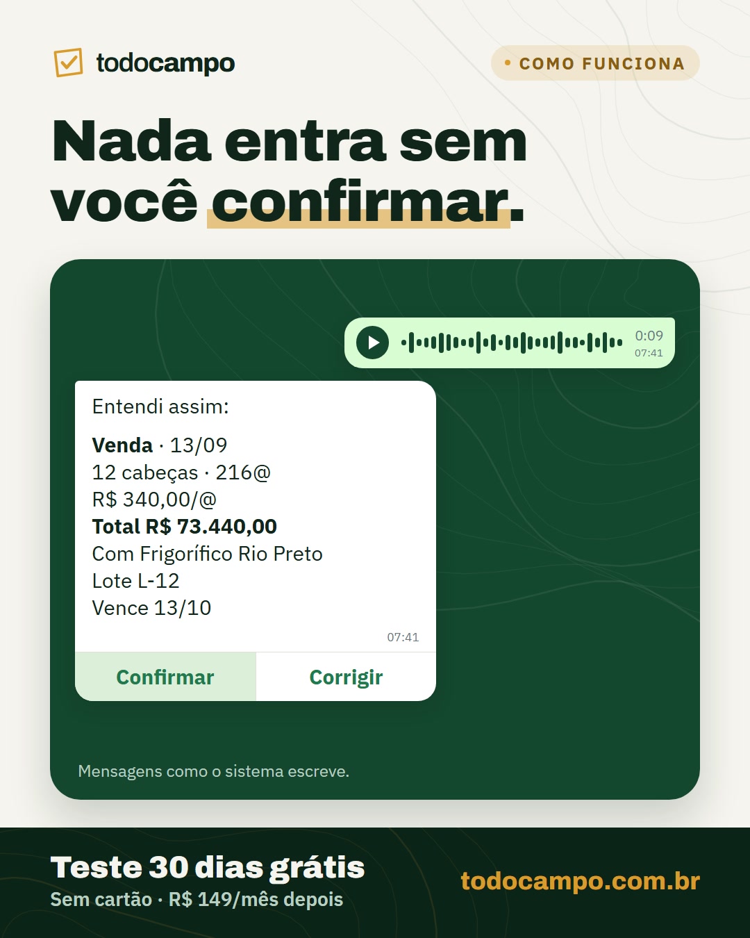 Conversa no WhatsApp: áudio de venda de gado e a ficha com cabeças, arrobas e valor para confirmar